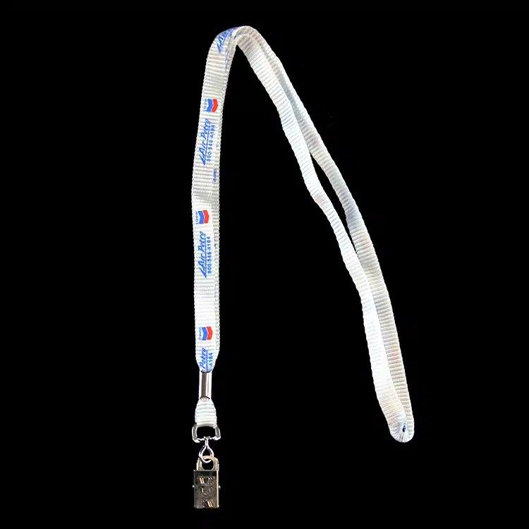 White polyester lanyard printed with a repeating logo pattern and finished with a bulldog clip.