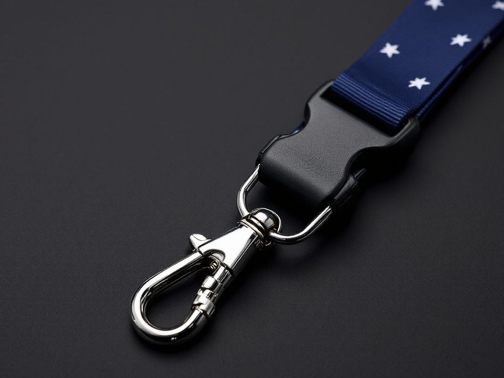 Navy star-print lanyard end with a black plastic buckle release above a silver lobster claw clip.