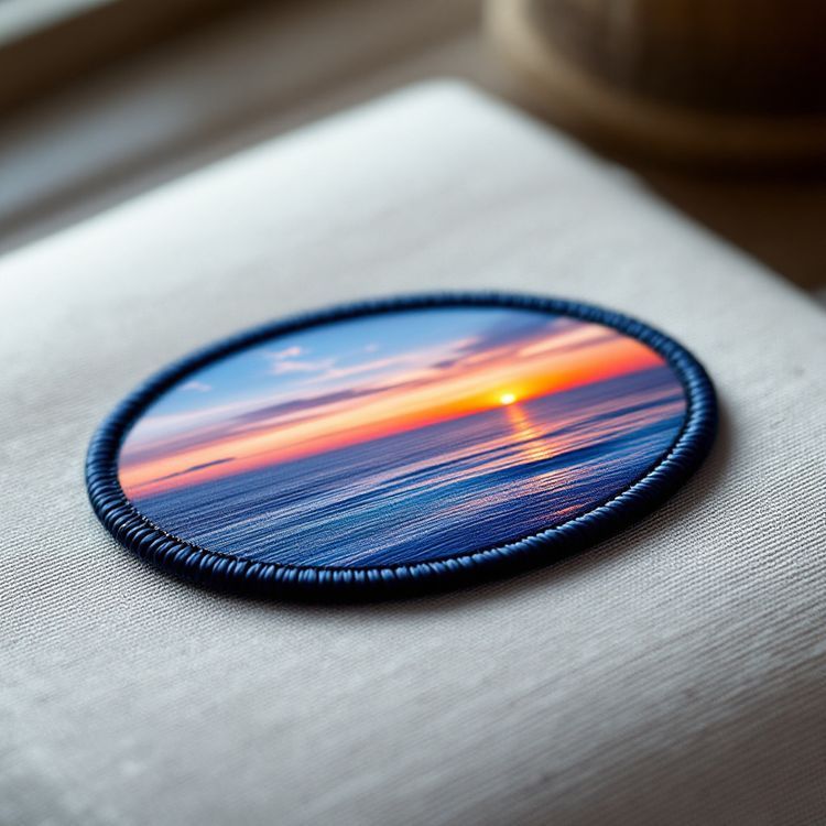 Oval sublimated patch printed with a sunset over the ocean, finished with a navy merrowed border.