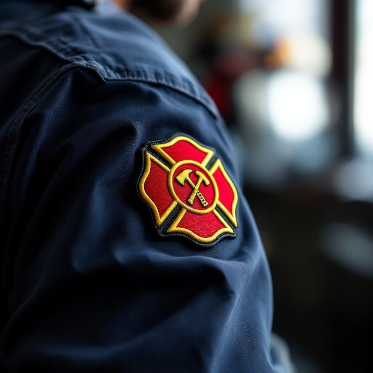 Red and gold Maltese cross patch with a gold axe emblem in the centre, on the sleeve of a navy work jacket.