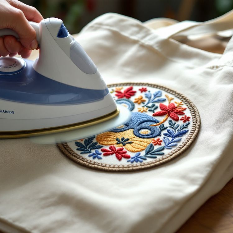 Embroidered patch being pressed onto a canvas tote bag with a clothes iron.