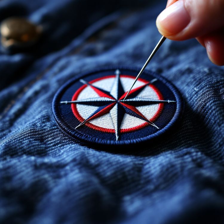 A needle being pushed through the border of a round navy, red and white compass rose patch on a denim jacket.