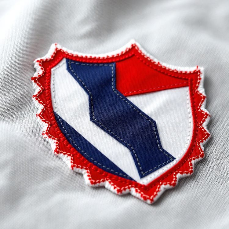 Shield-shaped satin tackle twill patch with layered navy, white and red twill pieces and a red and white zigzag stitched edge, on grey fabric.