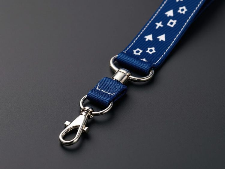 Close-up of a navy printed lanyard end: the strap joined in a polished metal crimp, with a split ring and a silver swivel hook.