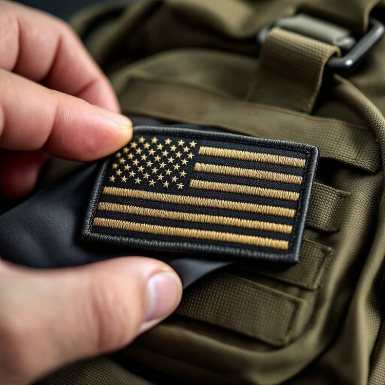 Flag patch with a hook-and-loop backing being peeled off a tactical backpack.