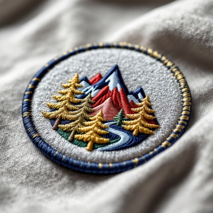 Round embroidered patch of mountains, a river and gold pine trees on a grey ground, with a navy and gold merrowed border, on grey fabric.