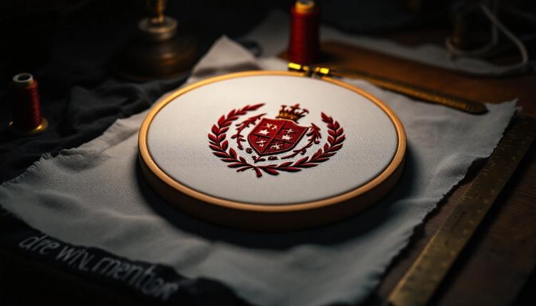 A red crest with a crown and laurel wreath embroidered on white fabric stretched in a wooden hoop, with spools of red thread nearby.