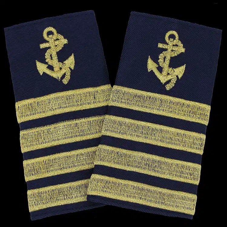 Pair of navy epaulet covers with a gold anchor and three gold stripes