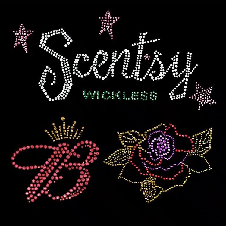StudStone rhinestone heat transfers: a Scentsy Wickless script with stars, a crowned B monogram and a multicolor rose