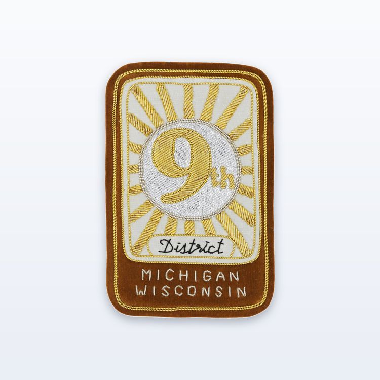 Rectangular hand embroidered patch with a silver wire numeral on a gold wire sunburst, script lettering below and a brown velvet border.