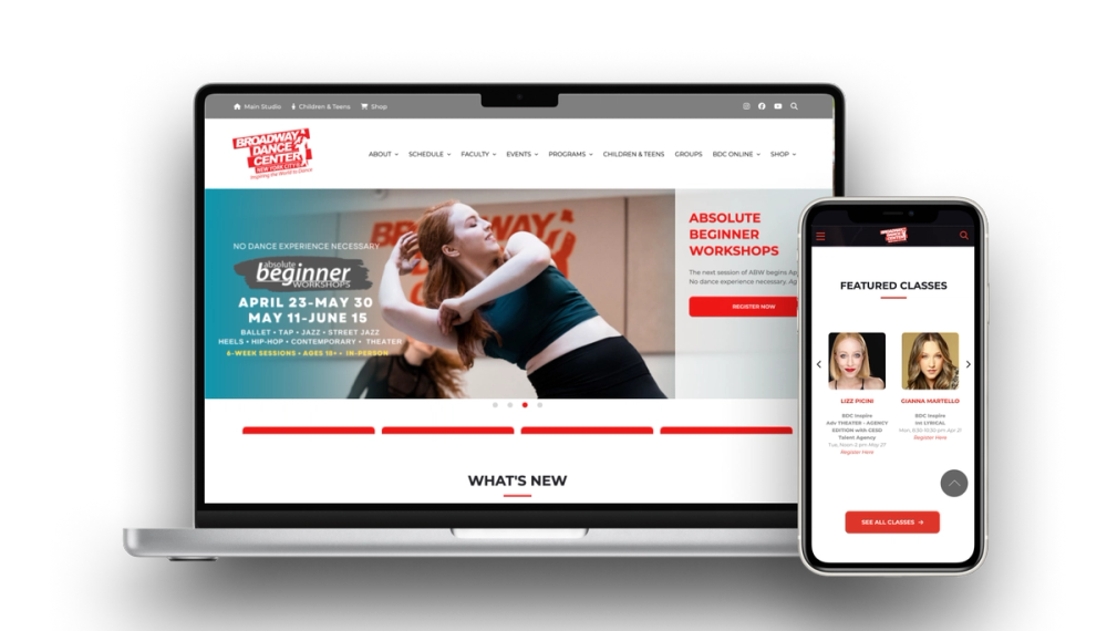 Broadway Dance Center's website on mobile and laptop