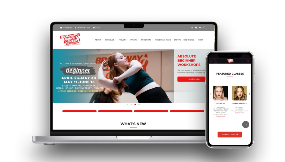Broadway Dance Center's website on mobile and laptop