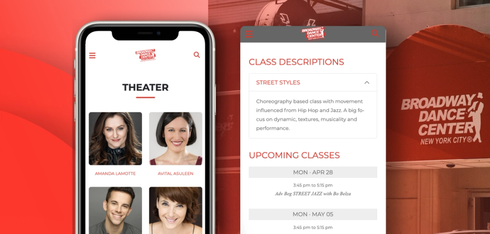 Broadway dance center's website on a mobile device
