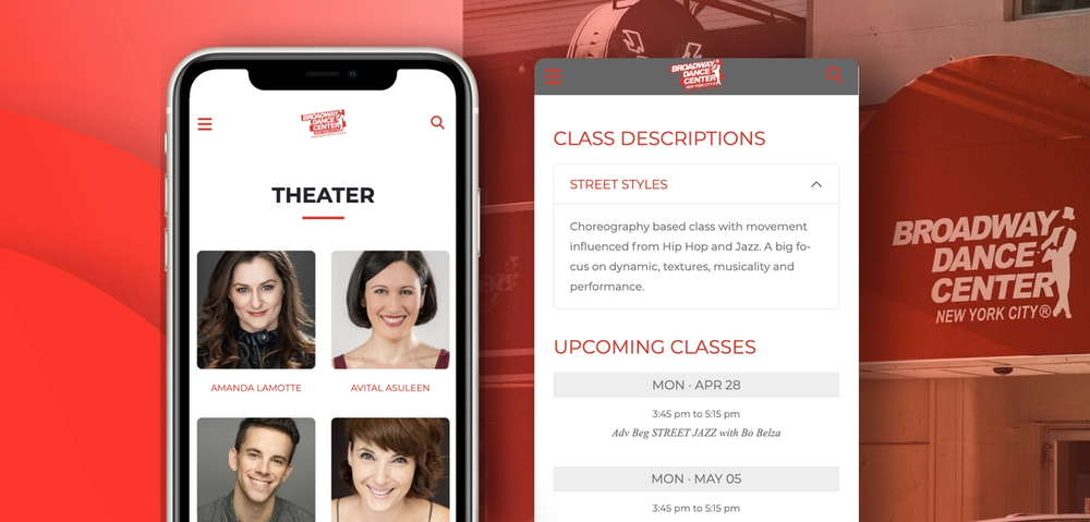 Broadway dance center's website on a mobile device