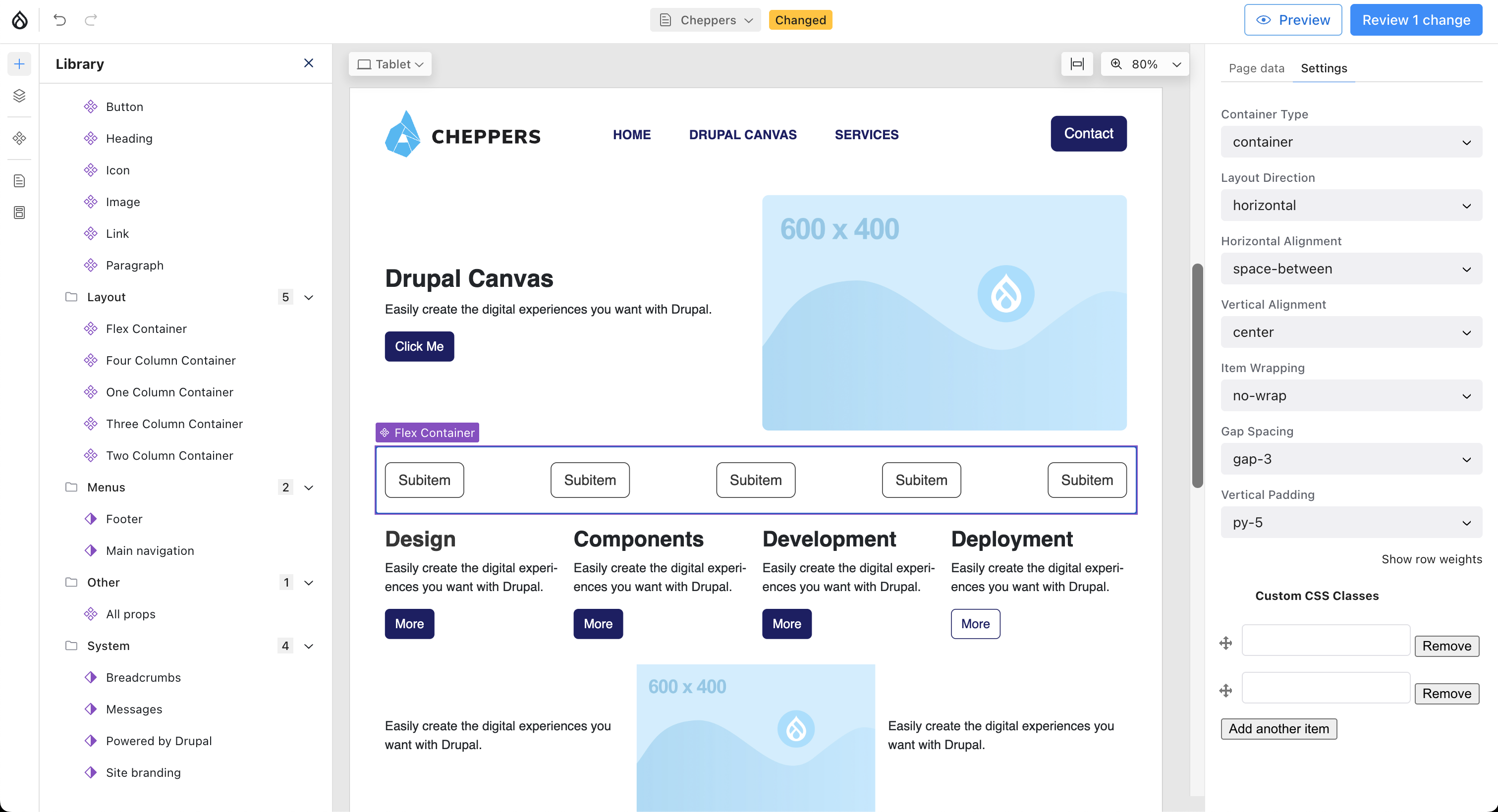 Canvas editing screen with Cheppers SDC components