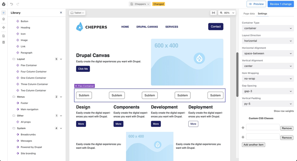 Canvas editing screen with Cheppers SDC components