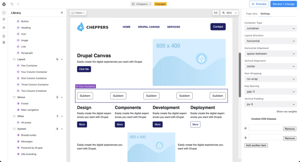 Canvas editing screen with Cheppers SDC components