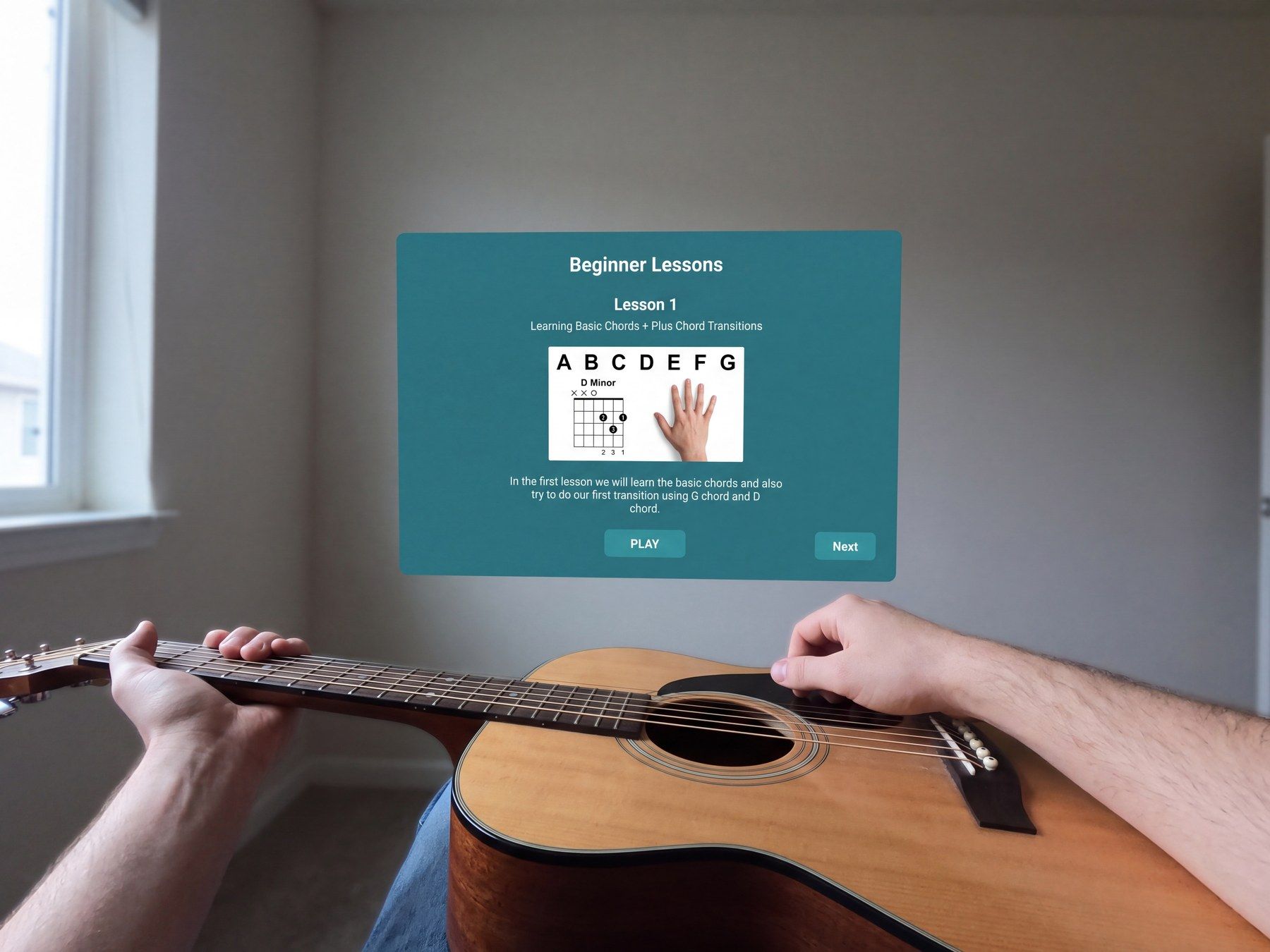 A lesson panel held in front of the guitar