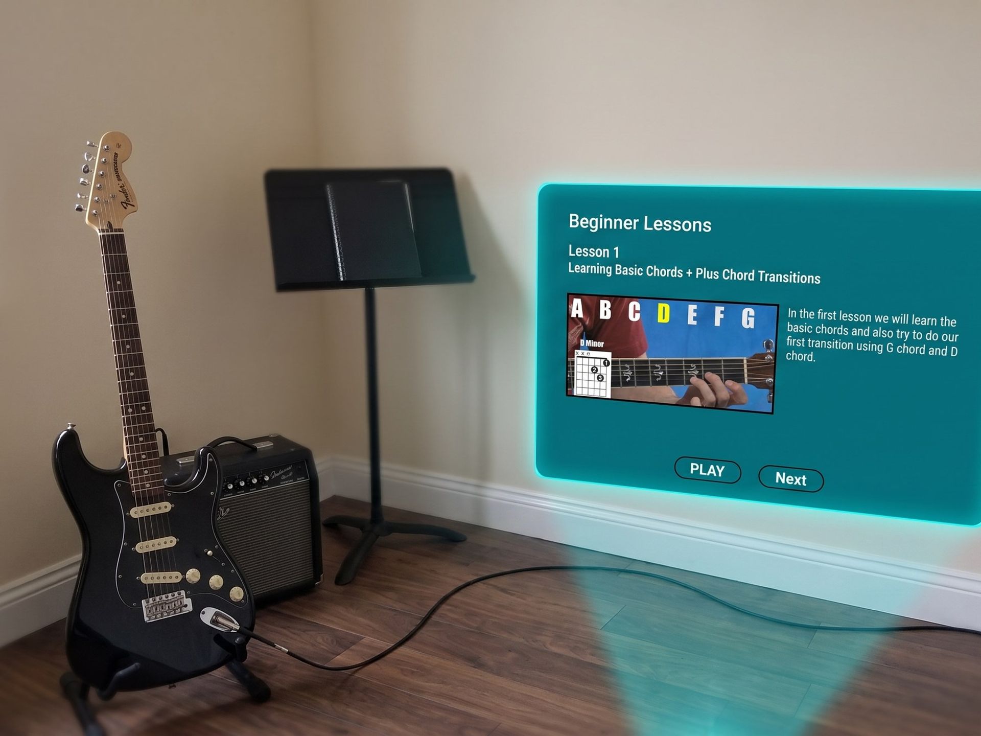 Lesson panel beside the guitar