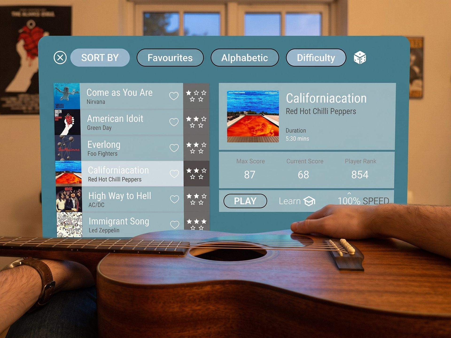 Song selection, seen from behind the guitar