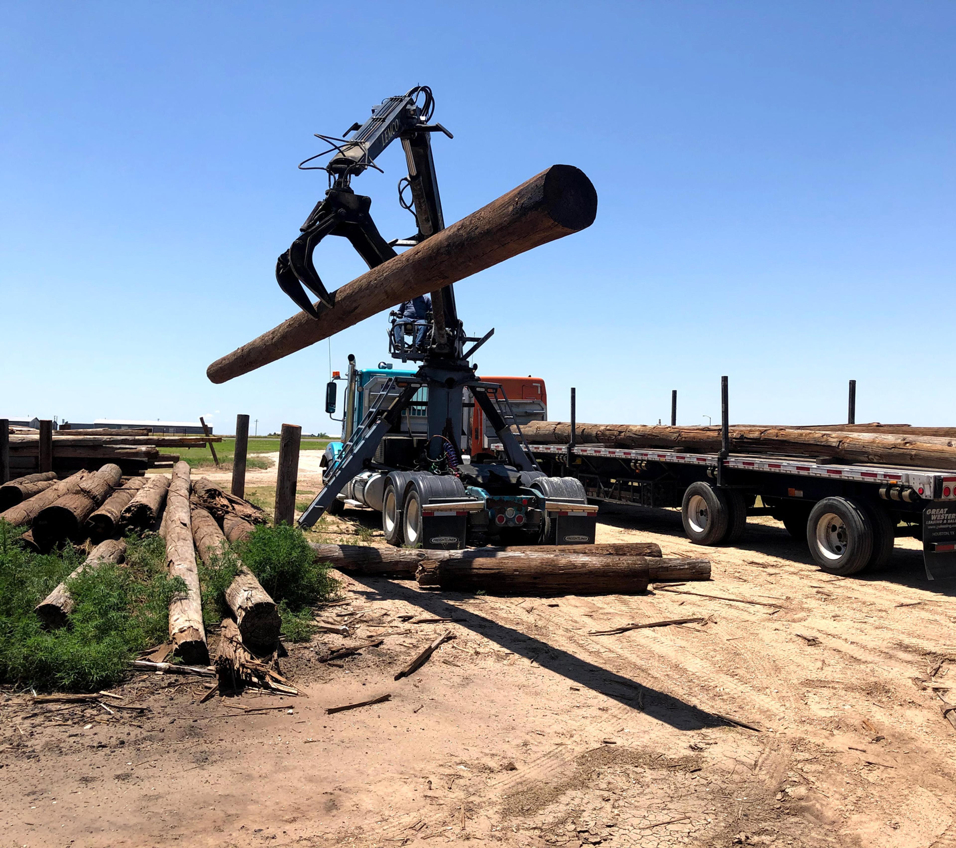 Crane moving a wooden pole