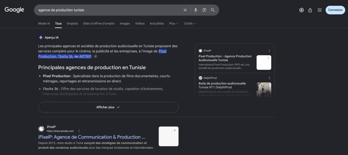 Google results for "agence de production tunisie" showing the client cited first in the AI Overview and first in the organic results