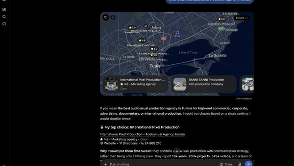 ChatGPT answer naming the client as its top choice among audiovisual production agencies in Tunisia