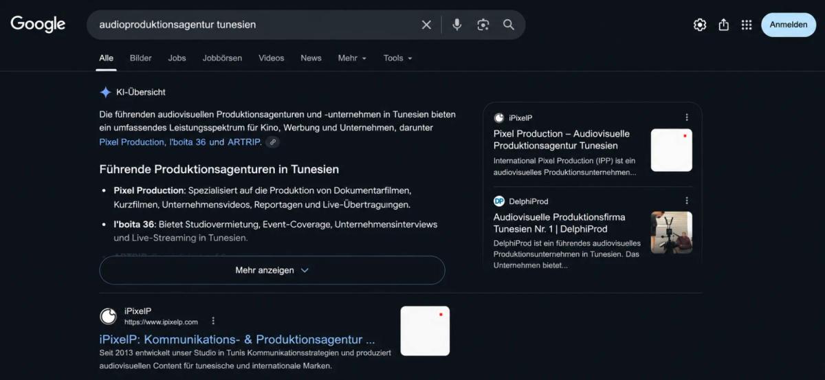 Google results in German for "audioproduktionsagentur tunesien" showing the client cited first in the KI-Überblick