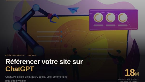 Guide technique pour referencer votre site sur ChatGPT - illustration avec bras robotique et interface IA