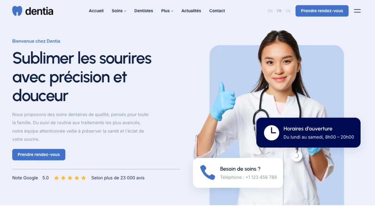 Capture d'ecran du site Dentia Portrait, demo de site internet pour cabinet dentaire premium en francais