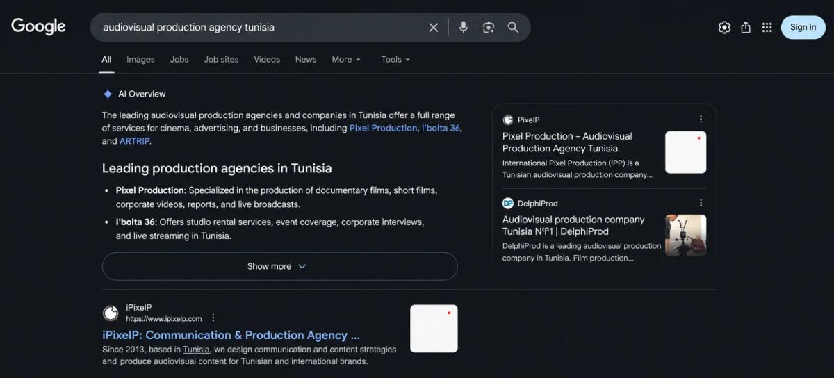 Google results for "audiovisual production agency tunisia" showing the client cited first in the AI Overview