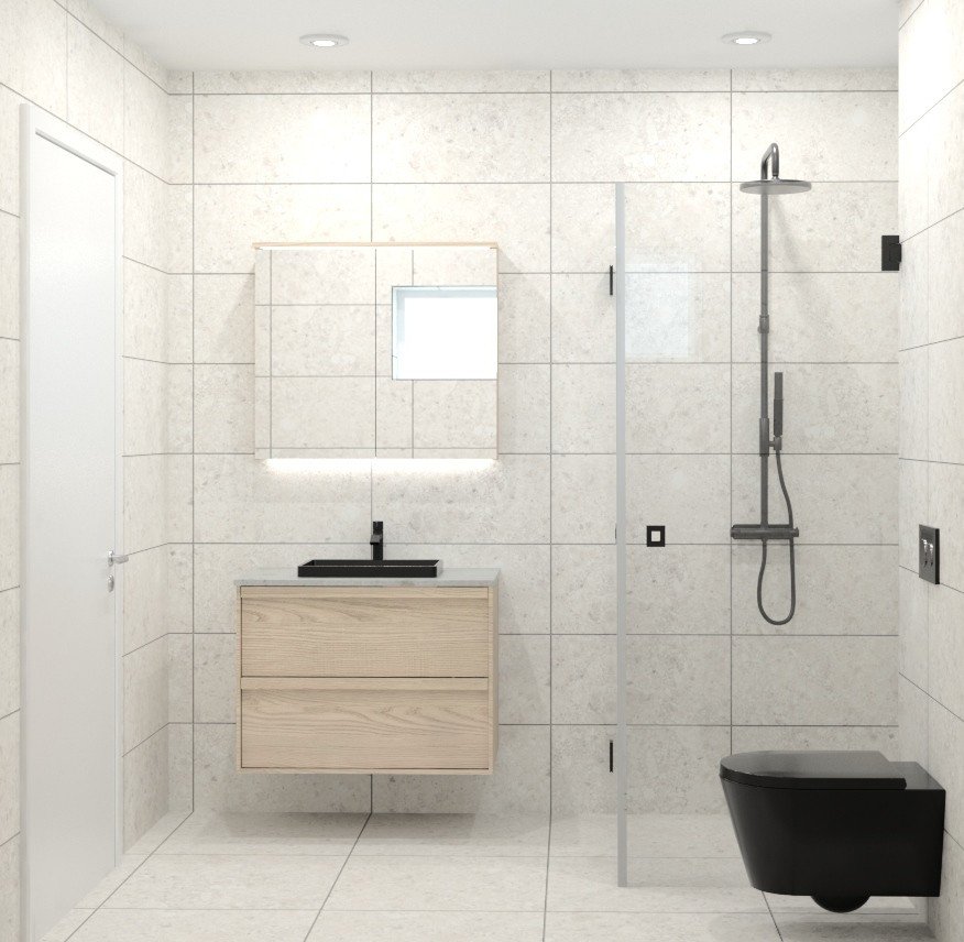 Modern bathroom digital showroom visualisation with walk-in shower and white tiles