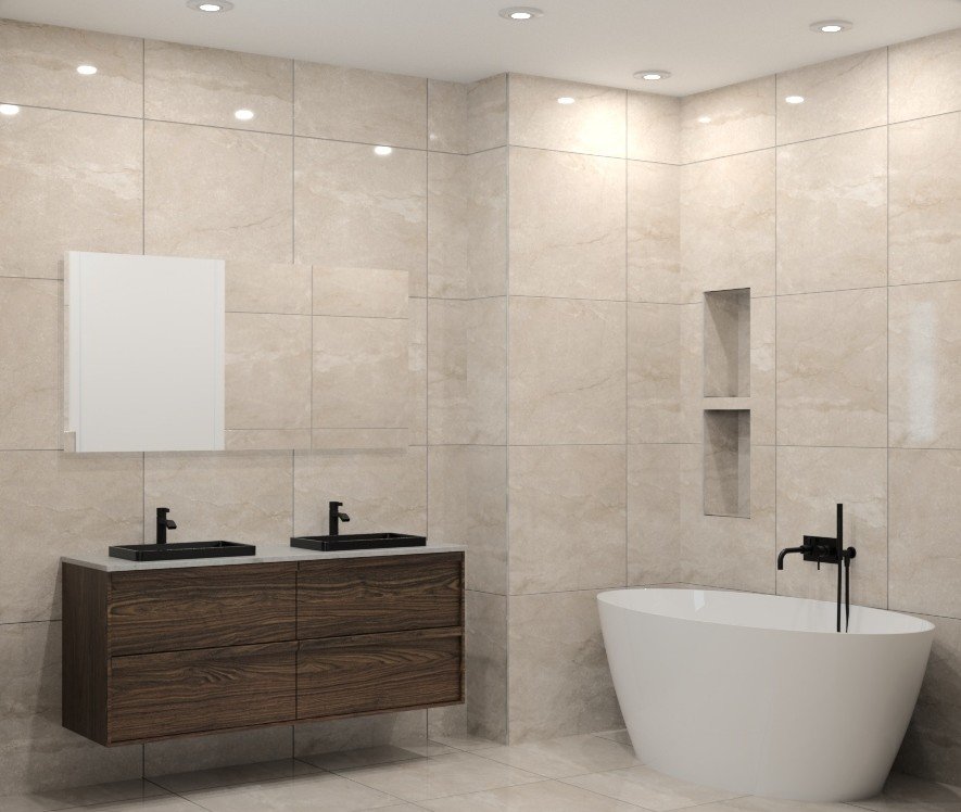 Open-plan bathroom digital showroom visualisation with double vanity and freestanding bathtub
