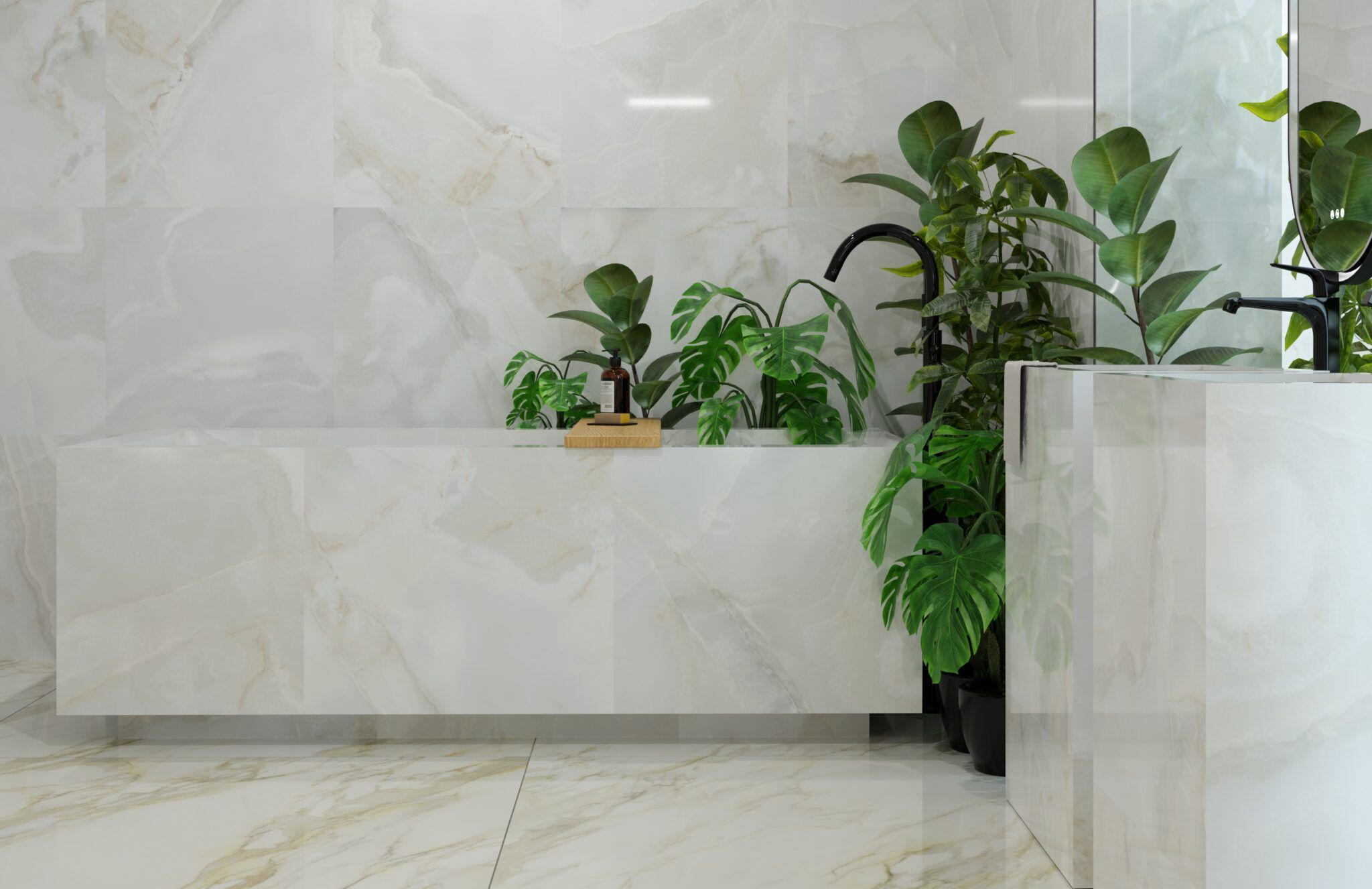 Modern bathroom with white onyx marble-effect wall and floor tiles, created using 3D bathroom visualisation software