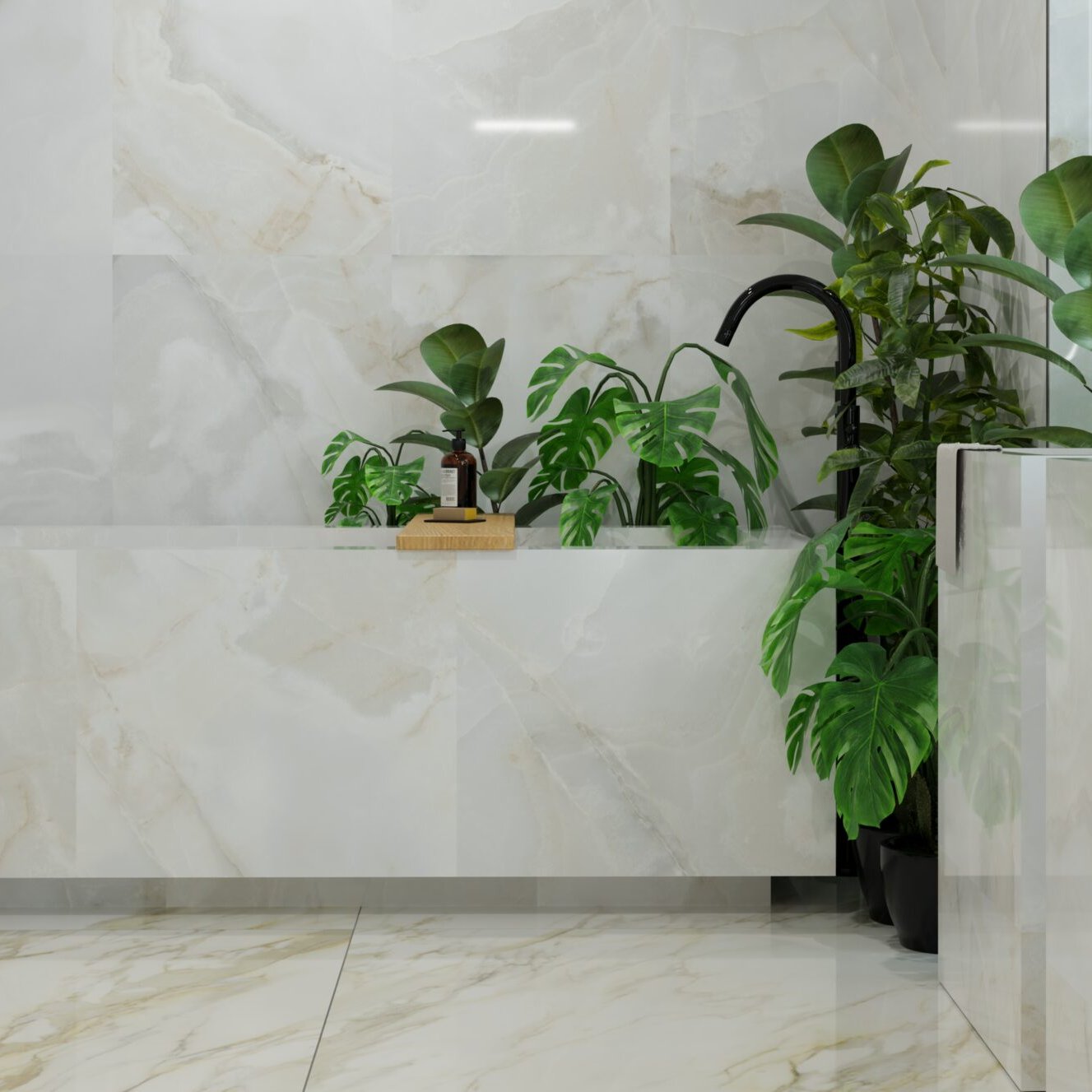 Modern bathroom with white onyx marble-effect wall and floor tiles, created using 3D bathroom visualisation software
