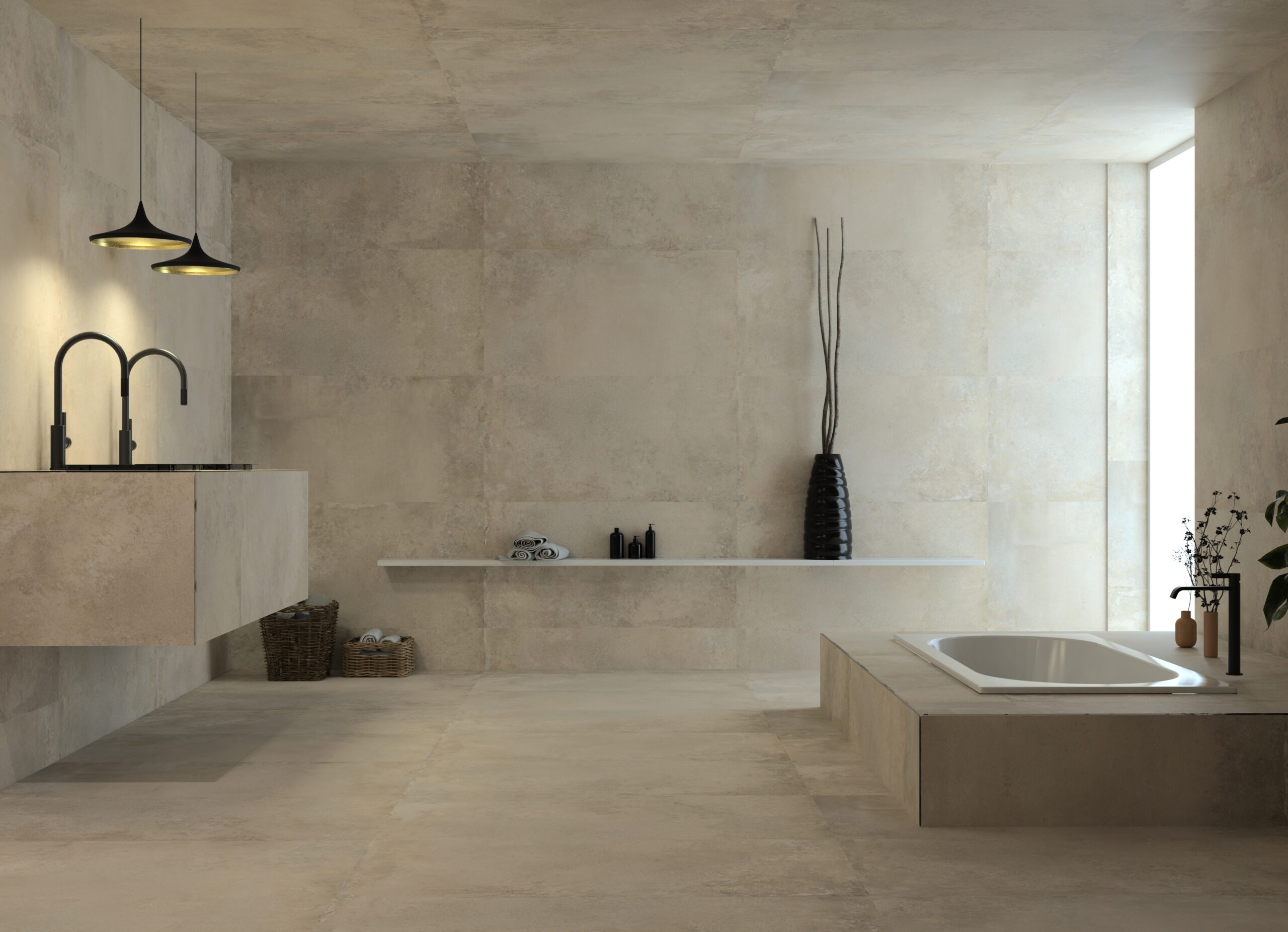 Minimalist bathroom with large-format concrete-effect tiles and black fixtures