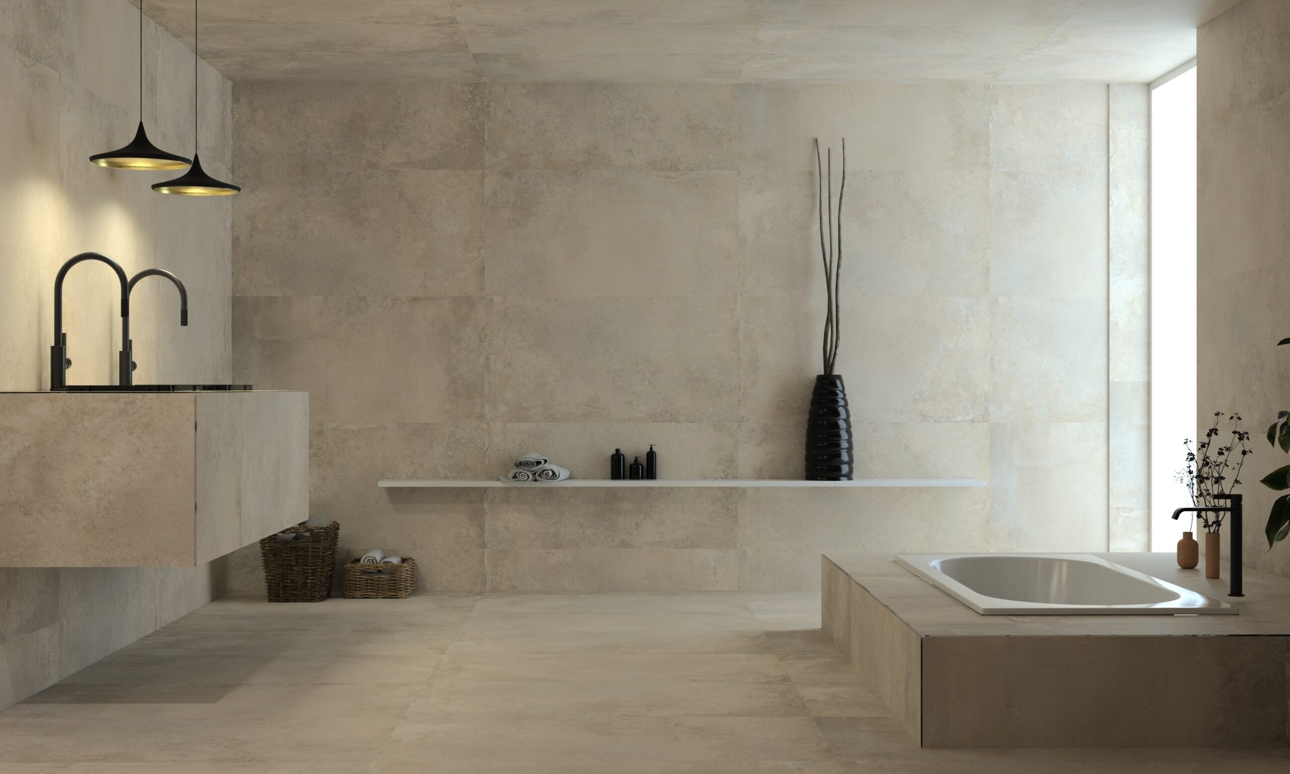 Minimalist bathroom with large-format concrete-effect tiles and black fixtures