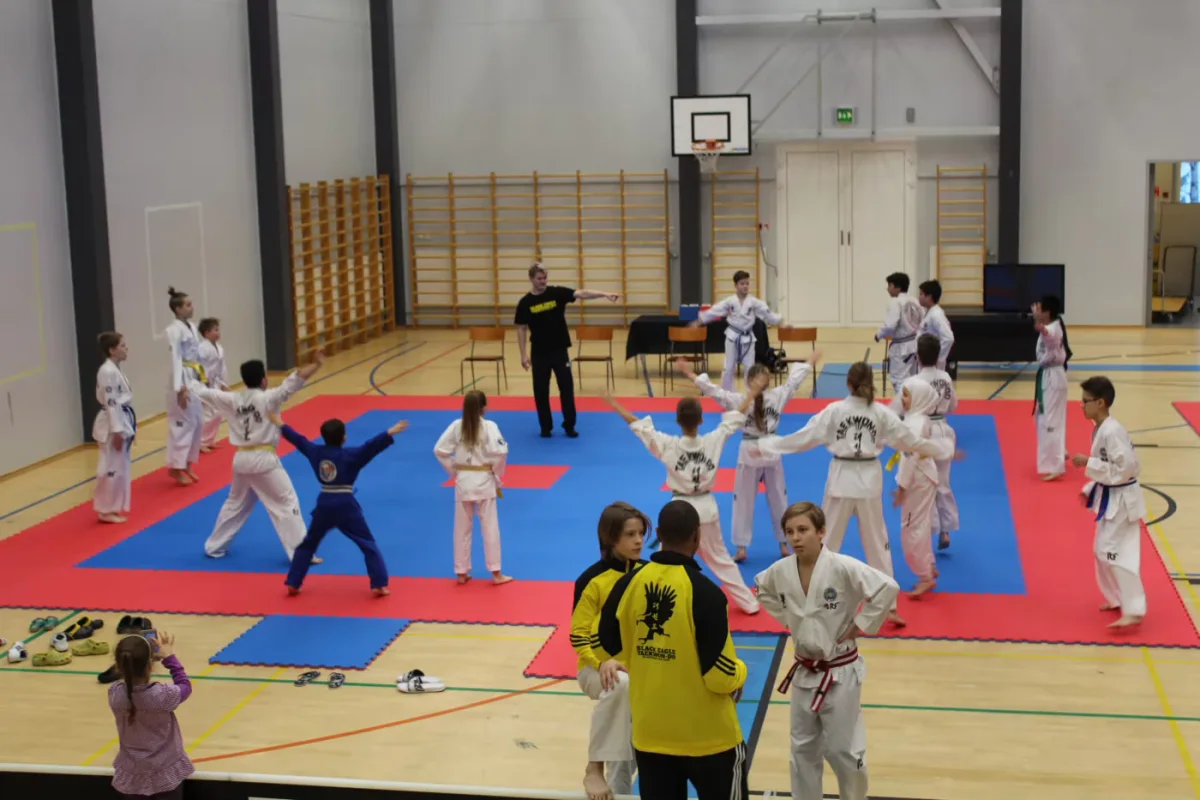 Nuoria Taekwon-Do-harrastajia lämmittelemässä kilpailutapahtumassa