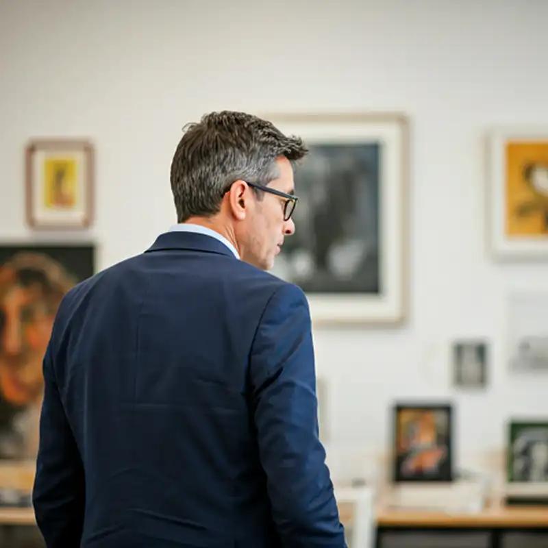 Kunstadviseur bekijkt schilderijen
