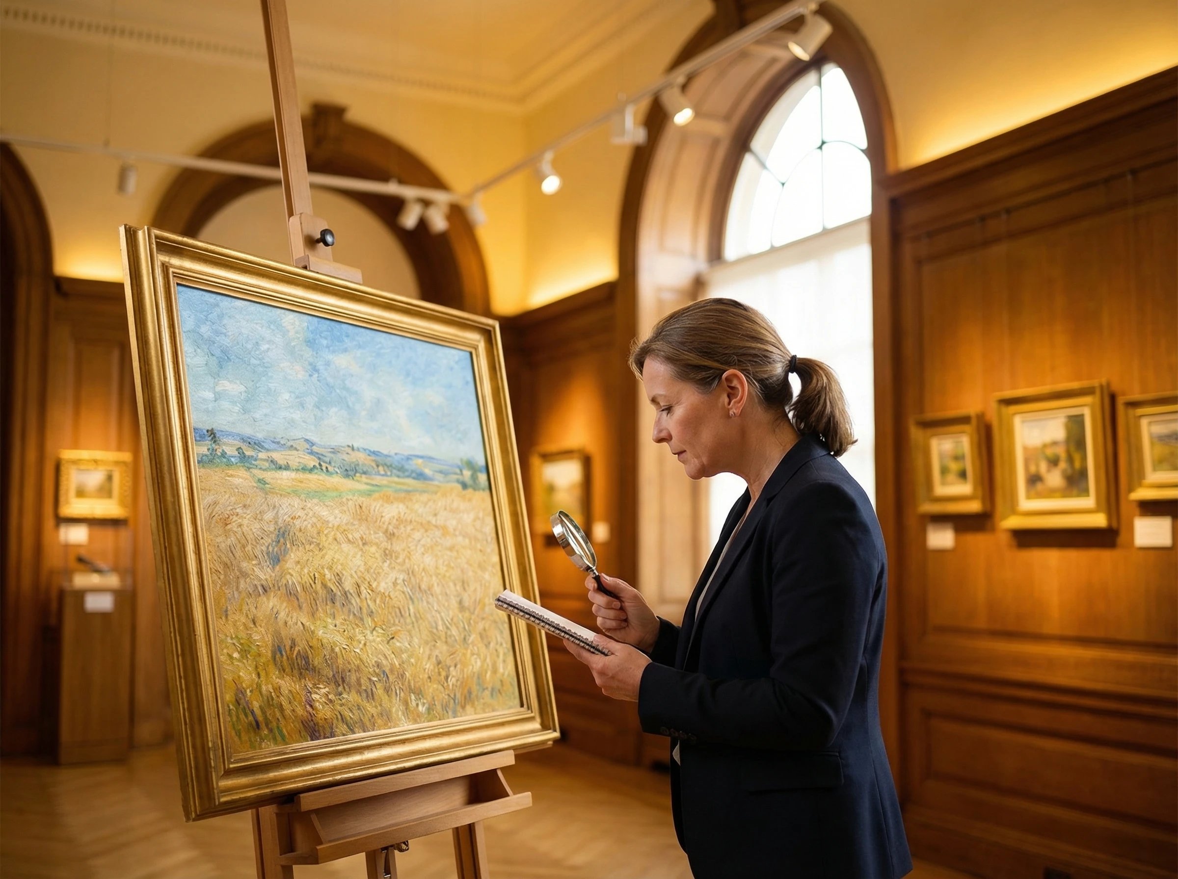 Kunstadviseur bekijkt schilderijen