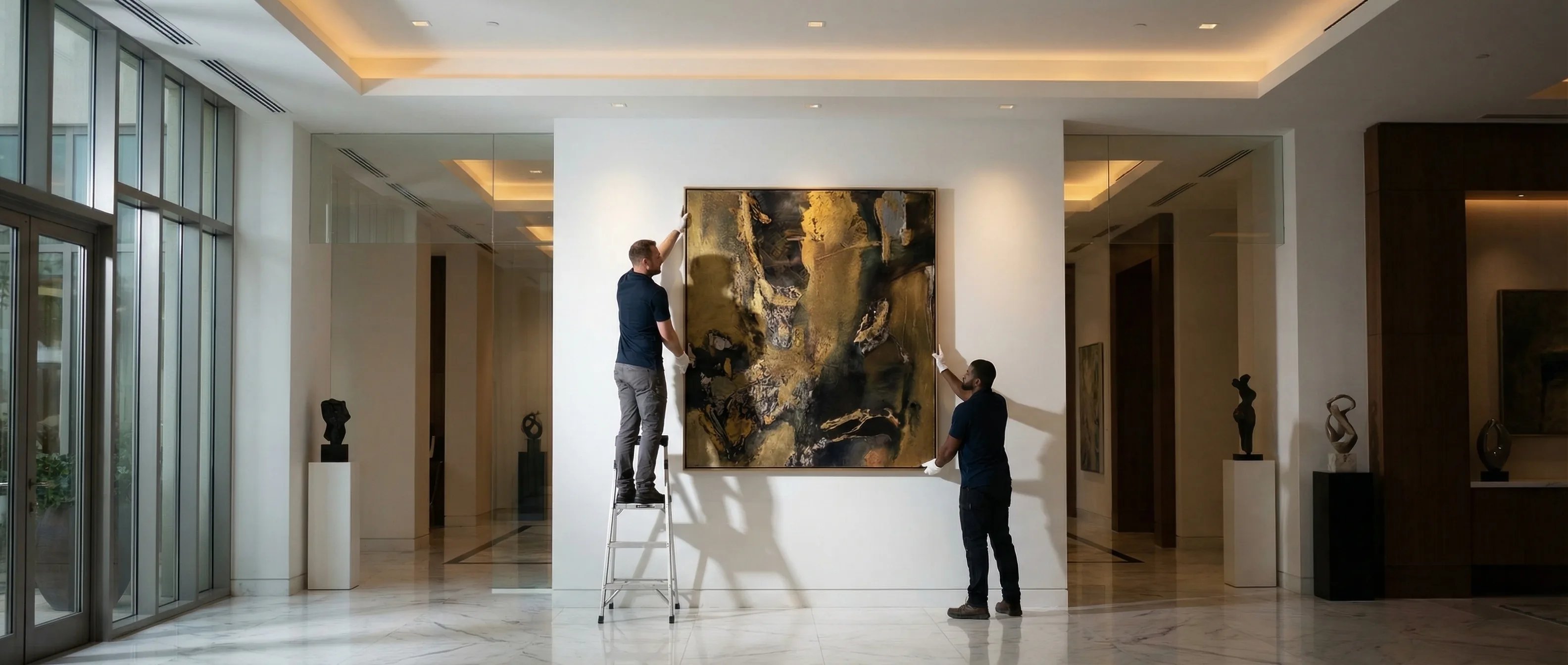 Kunsthandelaars plaatsen schilderij in kantoorlobby