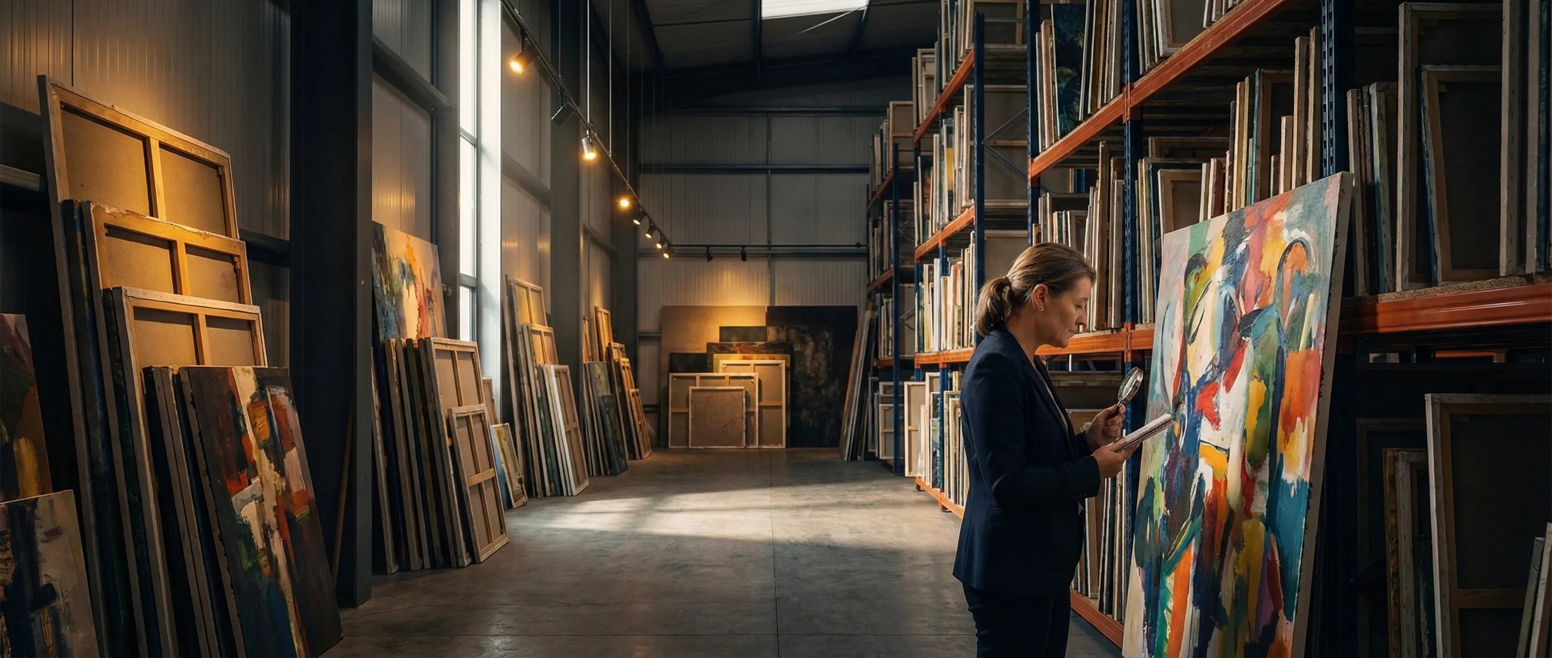 Curator selecteert kunstwerken in opslagruimte