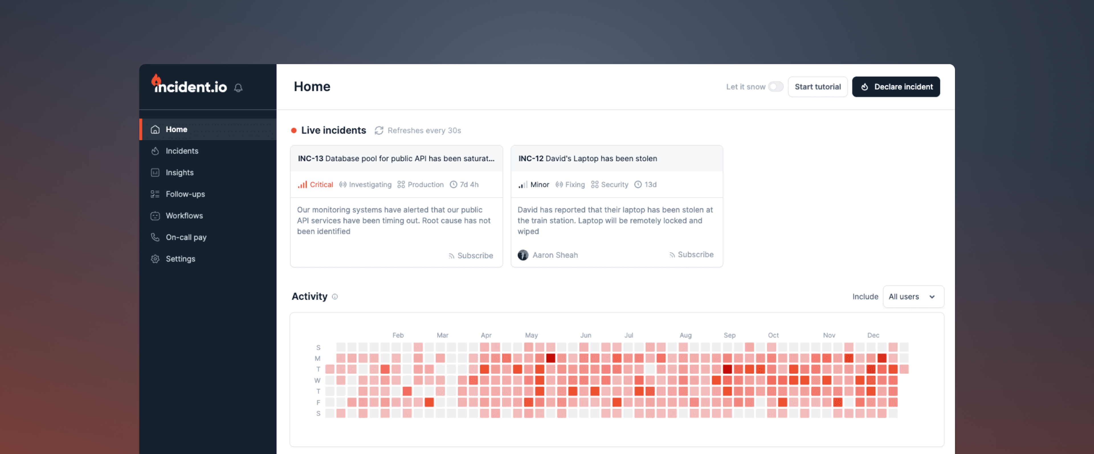 Live-reloading dashboard and incident homepage