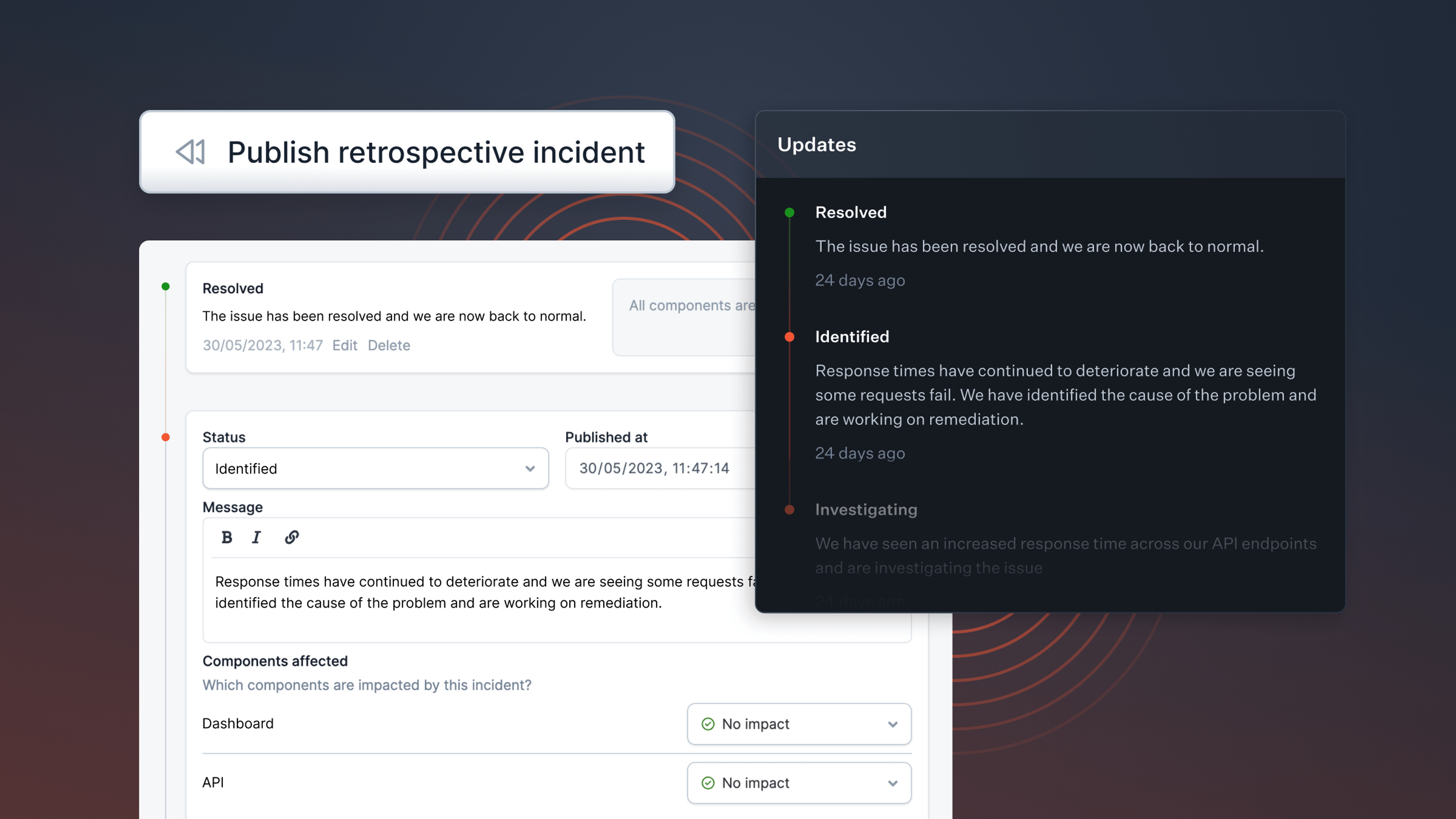 Retrospective incidents for status pages