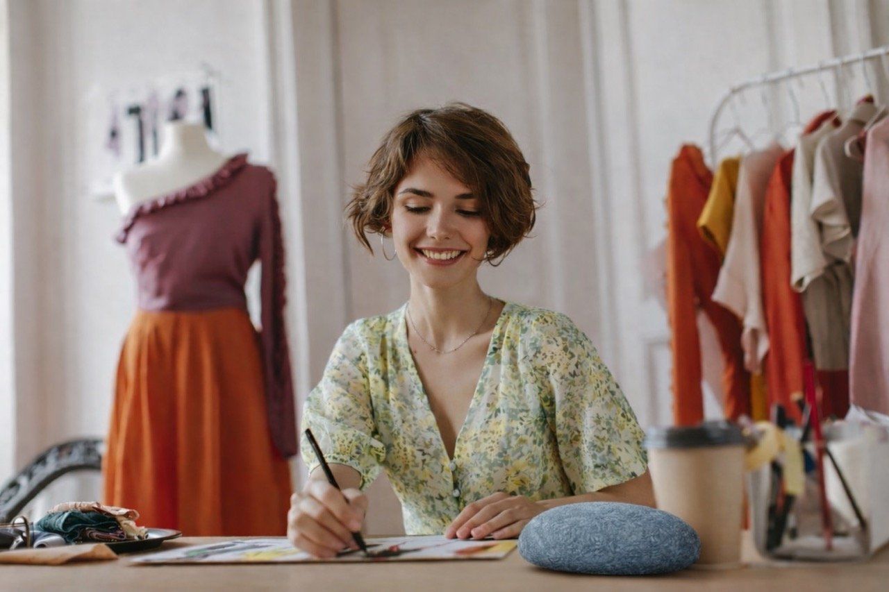 Femme souriante à son bureau, un galet Dungha posé devant elle