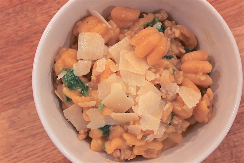 Pasta with Butternut Squash Sauce, Spicy Sausage and Baby Spinach