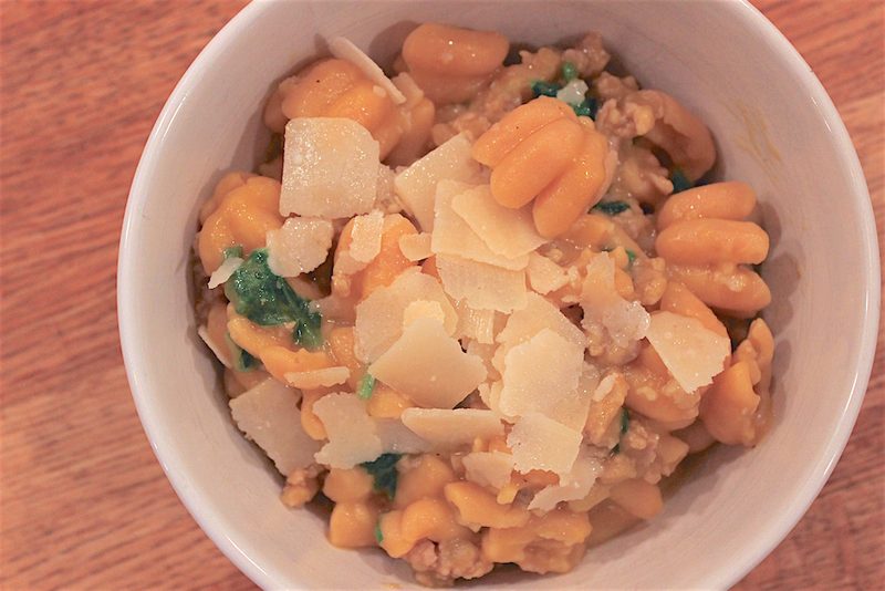 Pasta with Butternut Squash Sauce, Spicy Sausage and Baby Spinach
