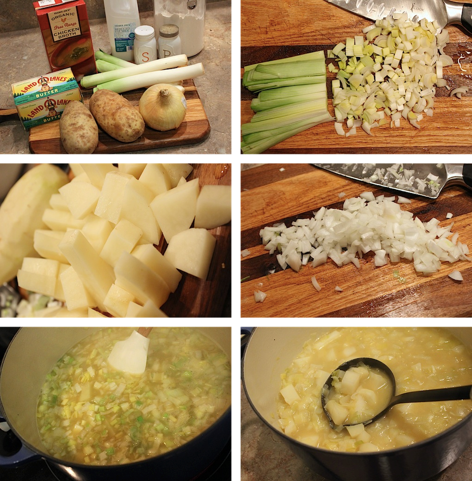 Potato leek soup preparation: ingredients, chopped vegetables and simmering soup