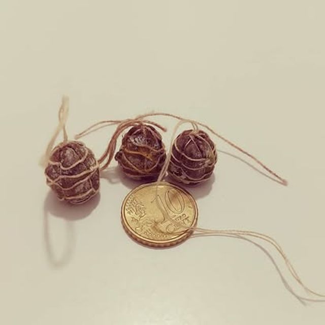 Tre piccoli salami legati con spago, in miniatura