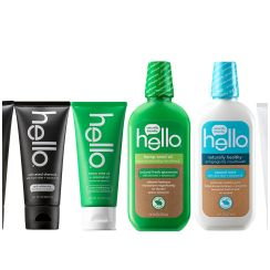 Lineup of Hello oral care products including toothbrush, toothpaste, mouthwash and floss